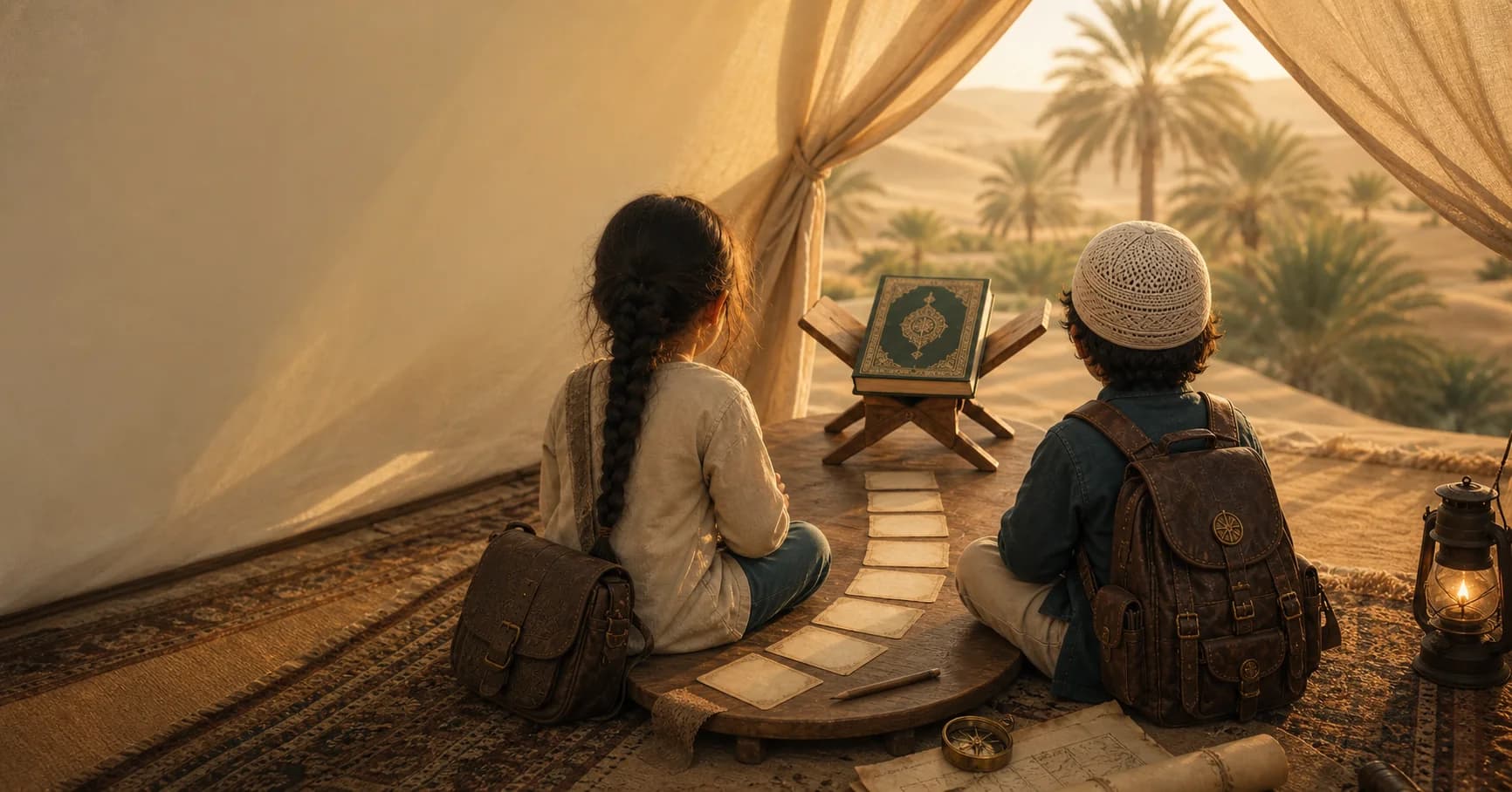 Inaya et Sayfeddin découvrent Sourate Al-Fatiha dans leur campement, face à un parcours en sept étapes