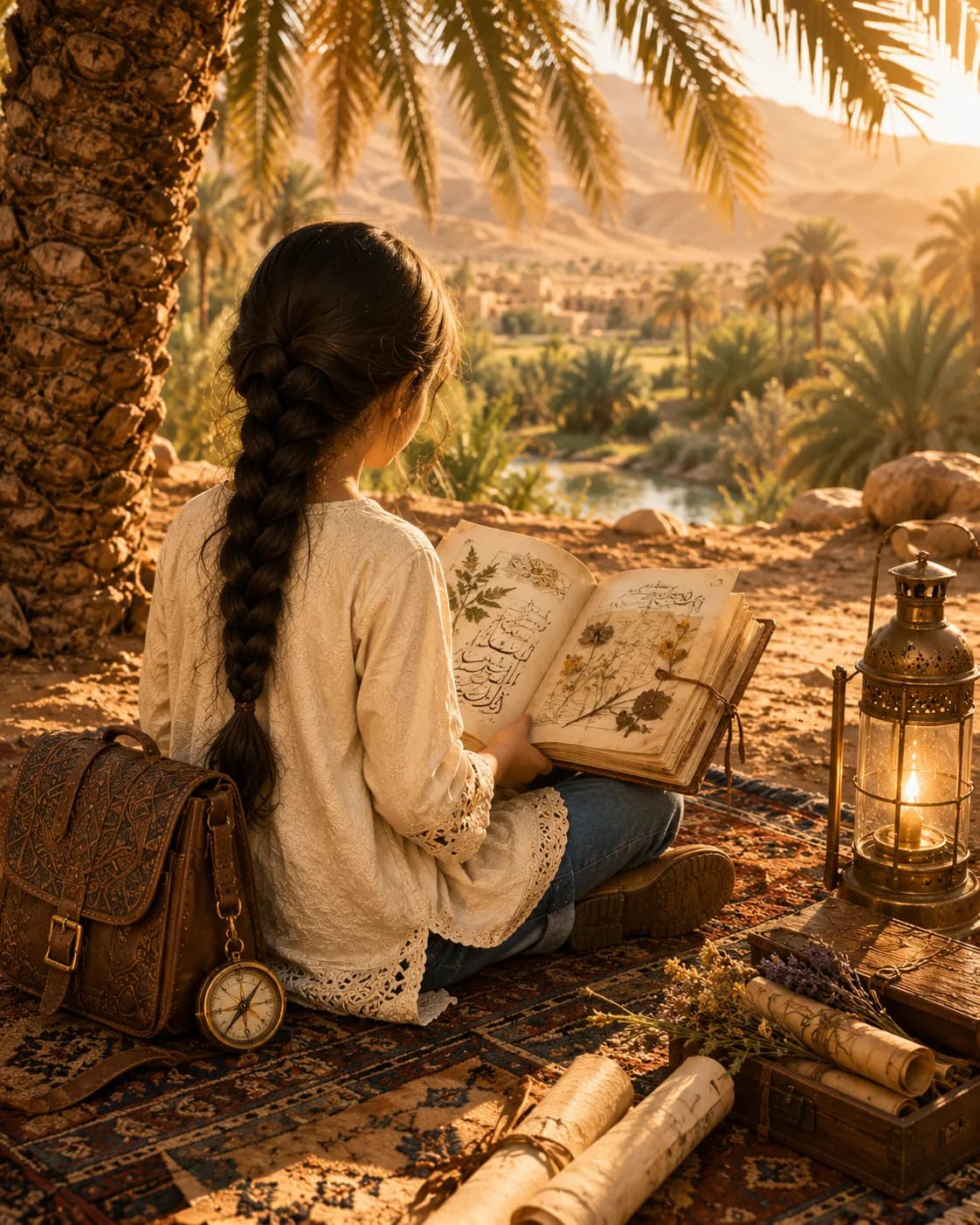 Inaya assise avec son journal sous un palmier